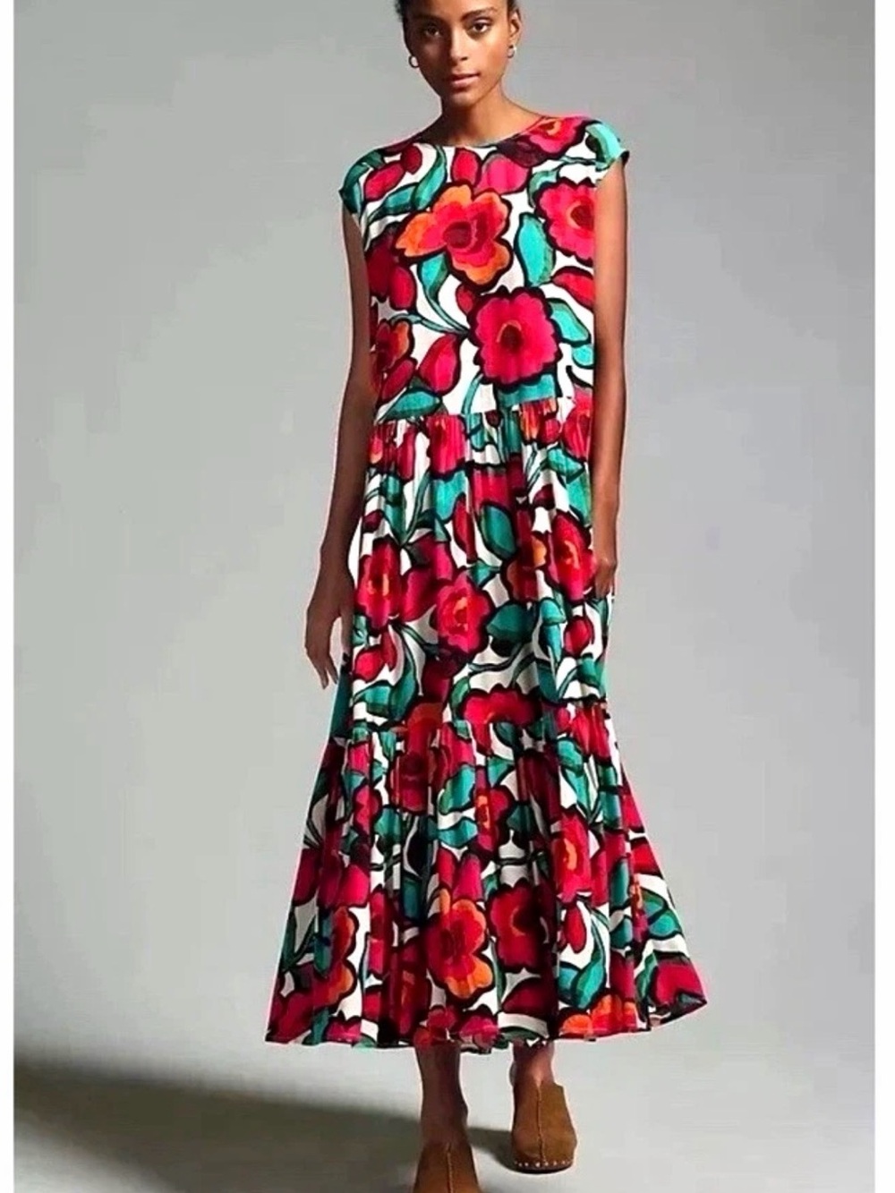 Corey Lynn Calter Floral Tiered Maxi Dress - Red & Teal